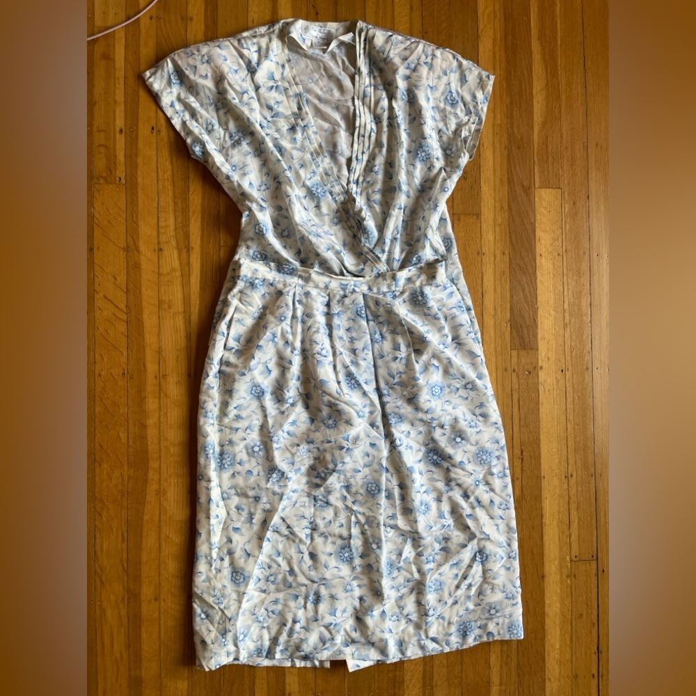 Silk Studio by Claude Bennett Vintage blue floral skirt vneck Blouse dress 8 14